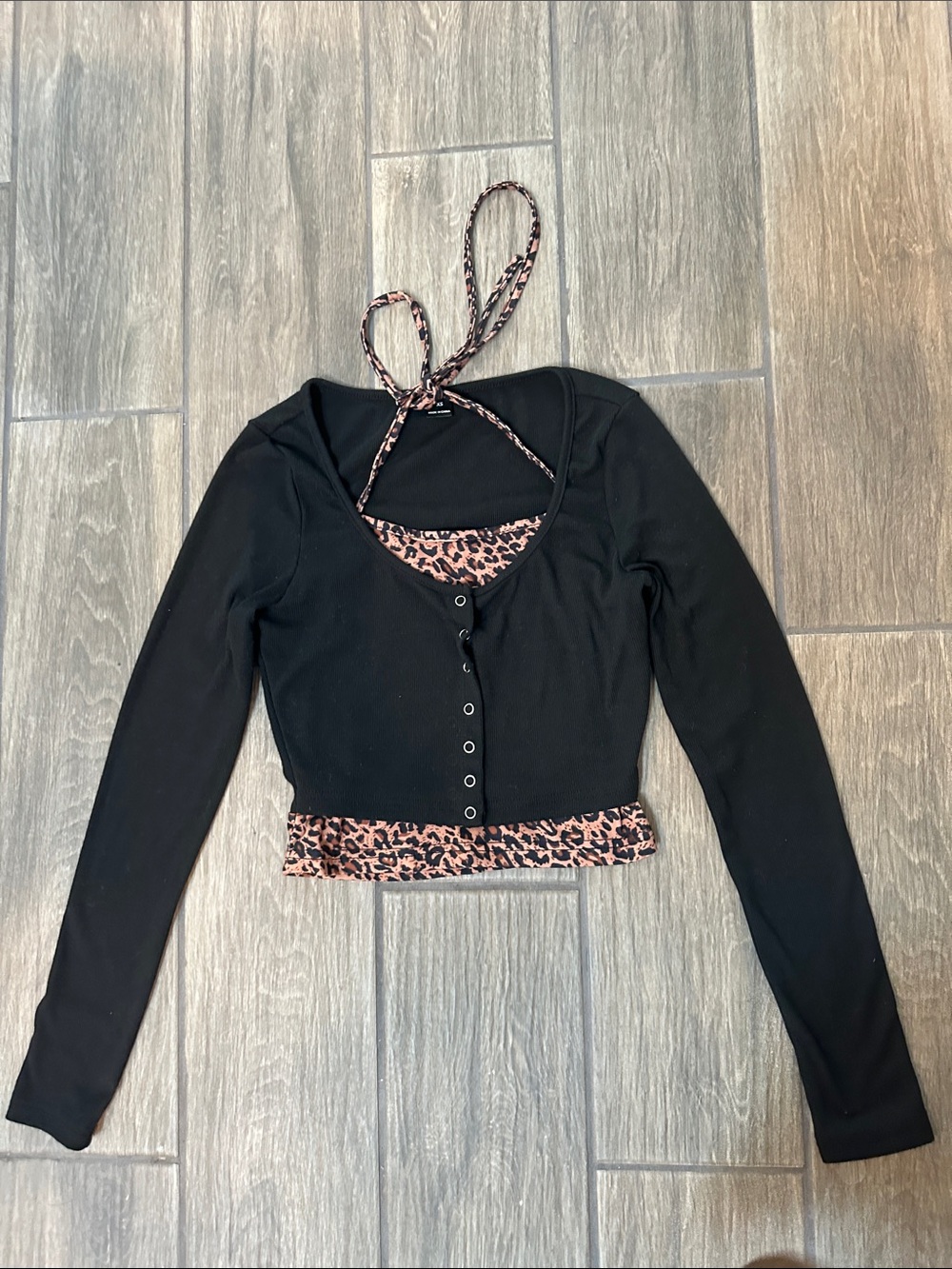 Black Long-Sleeve Crop Top with Leopard undershirt with halter tie. XS